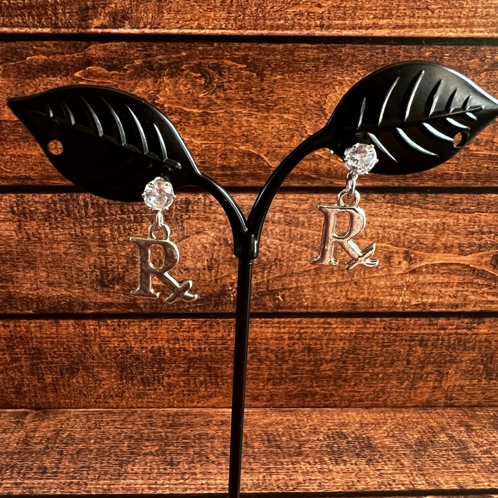 Silver Rx pharmacy crystal rhinestone earrings